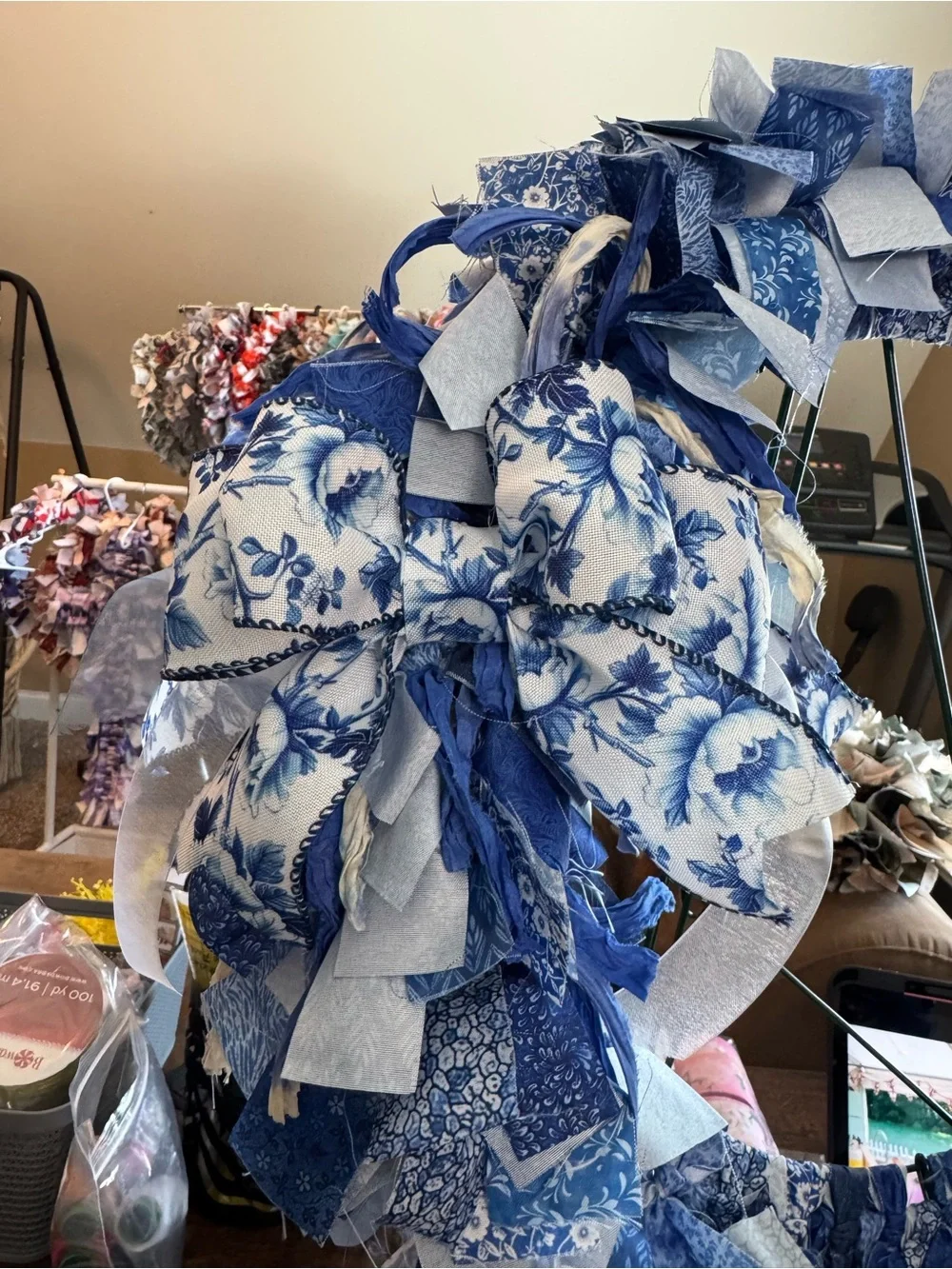 Handmade Blue Fabric Holiday Wreath with Bow